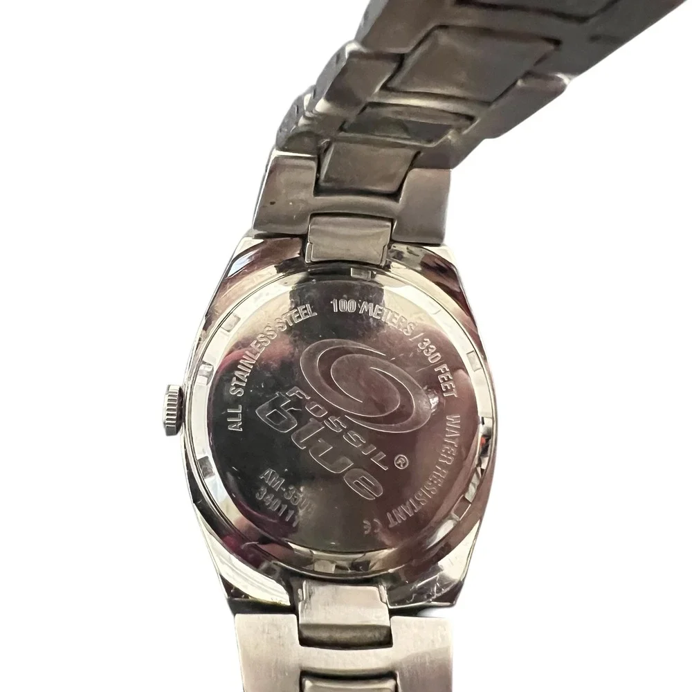 Fossil Blue AM-3506 Mens Watch‎ Stainless Steel Blue Dial Day Date Parts Only